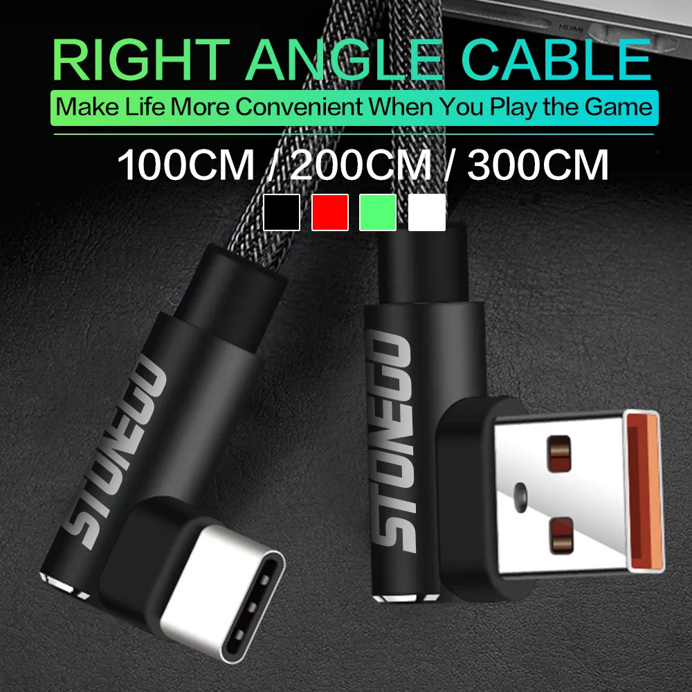 STONEGO Micro USB кабель 2A быстрое зарядное устройство USB TYPE C кабель Шнур 90 градусов локоть нейлоновый кабель для передачи данных Android телефон 1 м 2 м 3 м