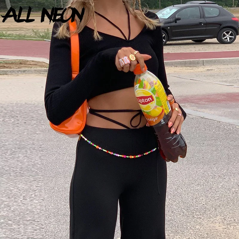 

ALLNeon Aesthetics Lace Up Black Co-ord Suits 90s Streetwear Backless Long Sleeve Tees and High Waist Pants 2 Piece Sets