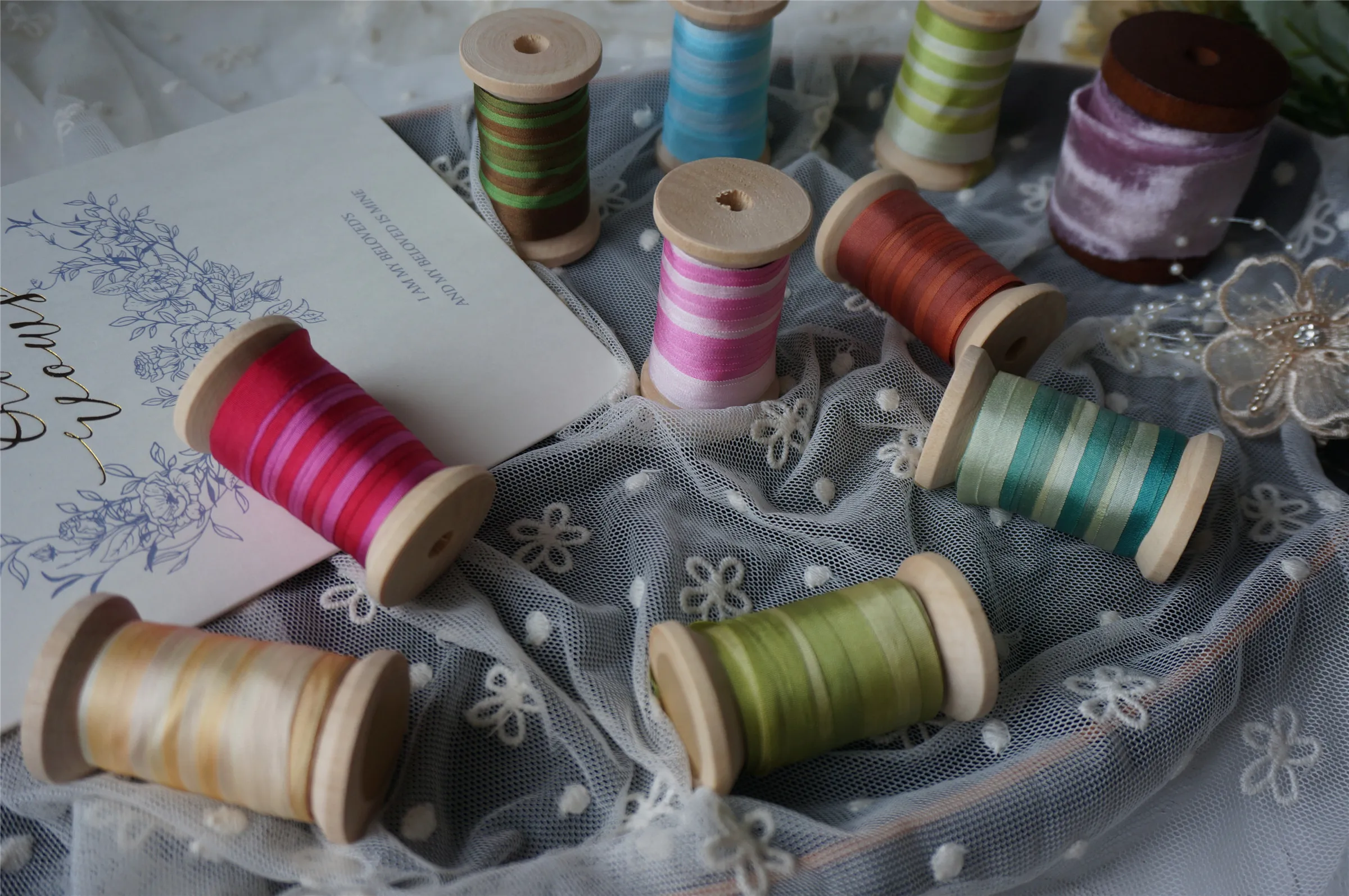 

10mm variegated woodenspools 100% pure silk embroidery ribbon thin taffeta silk ribbon photography styling ribbon Handcraft