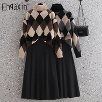 ehqaxin womens knit dress suit winter high neck thick geometric stitching sweater casual skirt 2 pieces set l 4xl