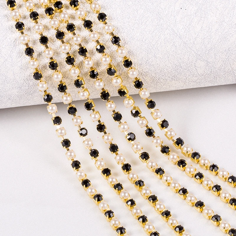 2/10 ярдов стразы из АБС пластика с жемчужным стеклом Серебряная/Золотая цепочка