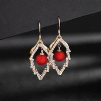 hollow leaf earrings cubic zirconia gold plated red pearl dangler fashion wedding jewelry romantic sweet brand earrings