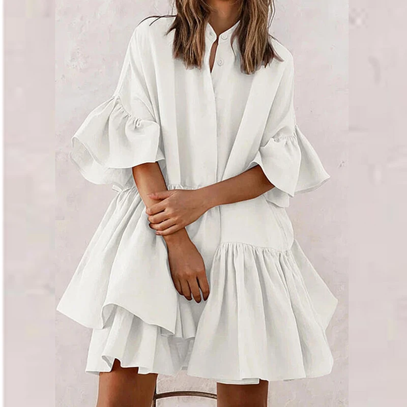 

Summer Simple and Sweet Beauty Dress Solid Color Lotus Leaf Three-quarter Sleeves Loose Pleated Ruffled Large Hem Cotton Dress