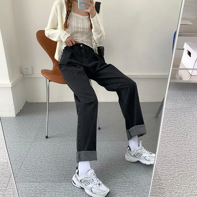 Джинсовые брюки с завышенной талией и широкими штанинами женские осенние