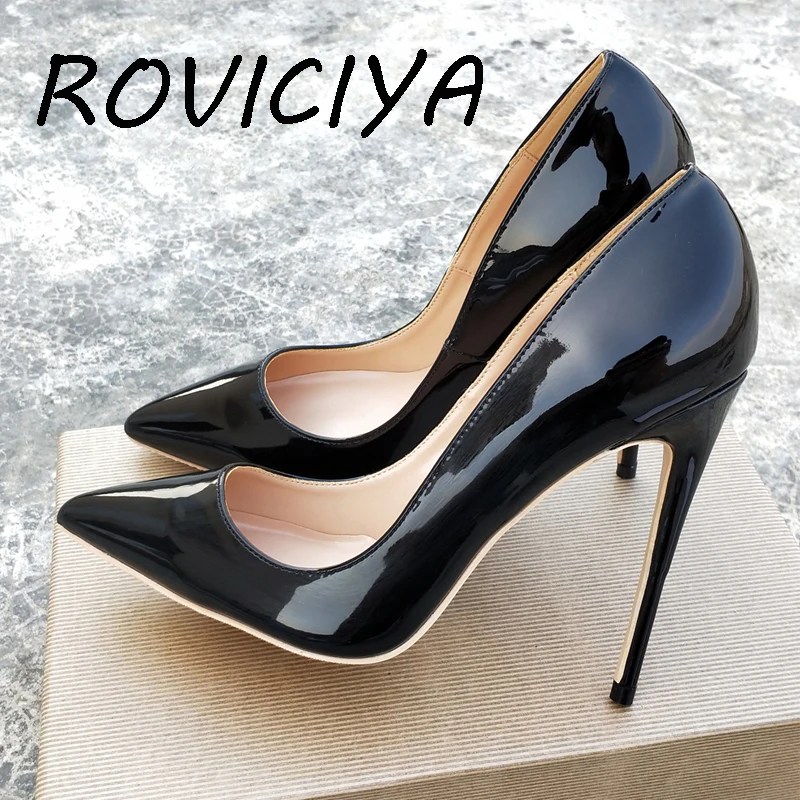 Женские классические туфли-лодочки на высоком каблуке 12 см черные с острым