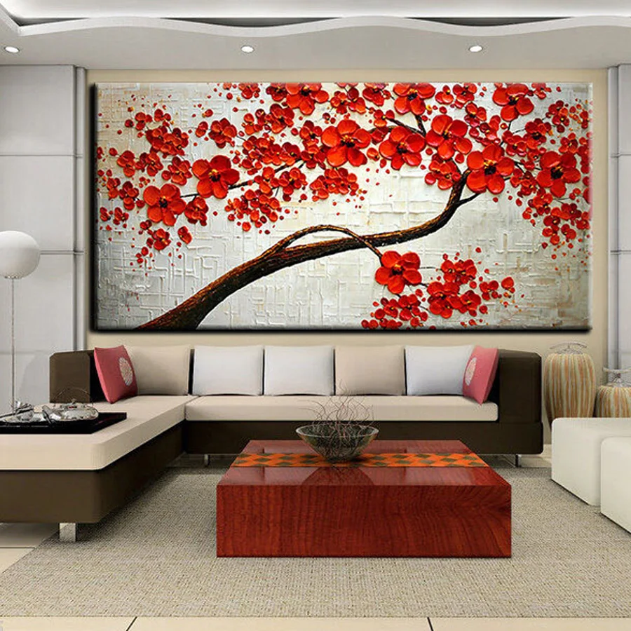 

Hand Painted Thick Oil Knife Painting On Canvas Blooming Red Flower Tree Modern Home Decor Wall Art Picture For Living Room