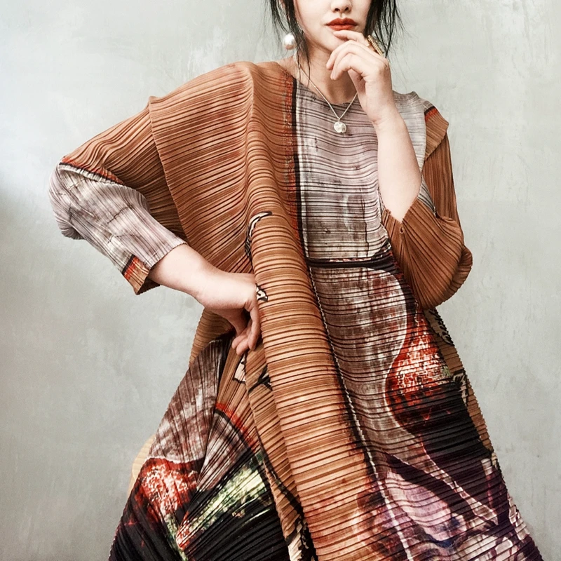 LANMREM 2021 Новое Осеннее плиссированное платье средней длины с круглым воротником и