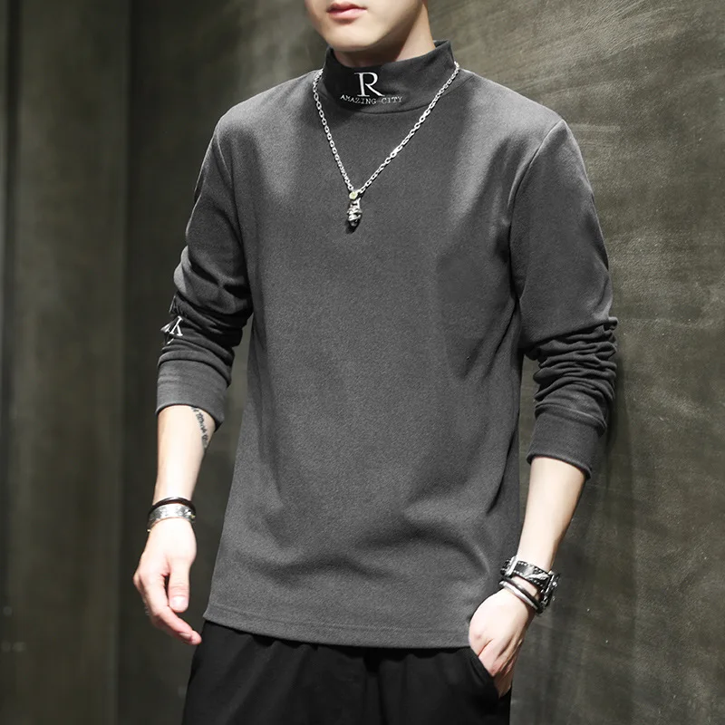 

Футболки с длинным рукавом, футболка с вышивкой и надписью, Мужская водолазка, уличная одежда, осень-зима, повседневный модный свитер