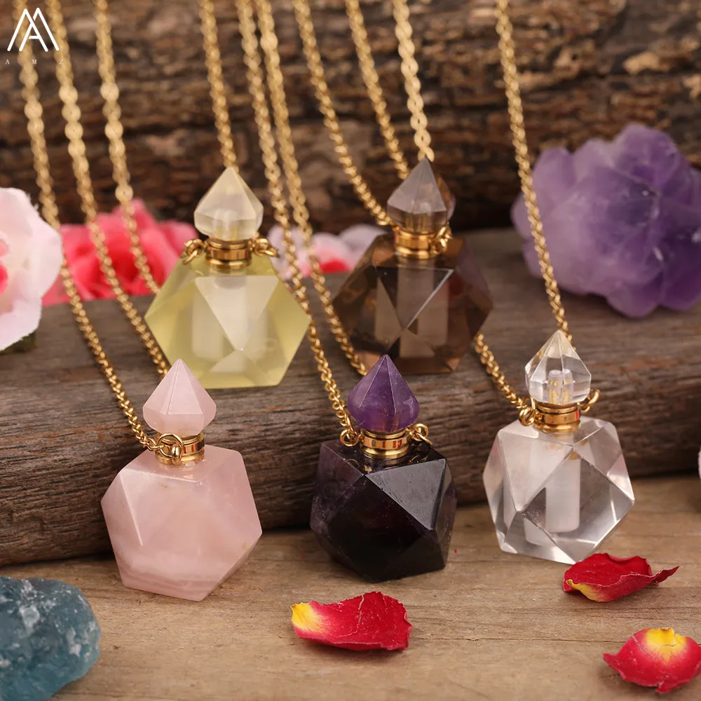 

Faceted Natural Smoky Color Quartz Amethysts Crystal Perfume Bottle Pendant Gold Necklace Women Essential Diffuser Vial Jewelry