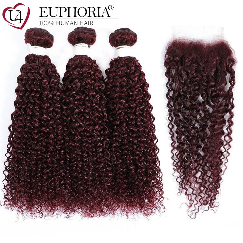 

99J Kinky Curly Bundles With Lace Closure 4x4 27 30 33 Brown Hair Brazilian Remy Human Hair 3 Bundles With Closure Euphoria