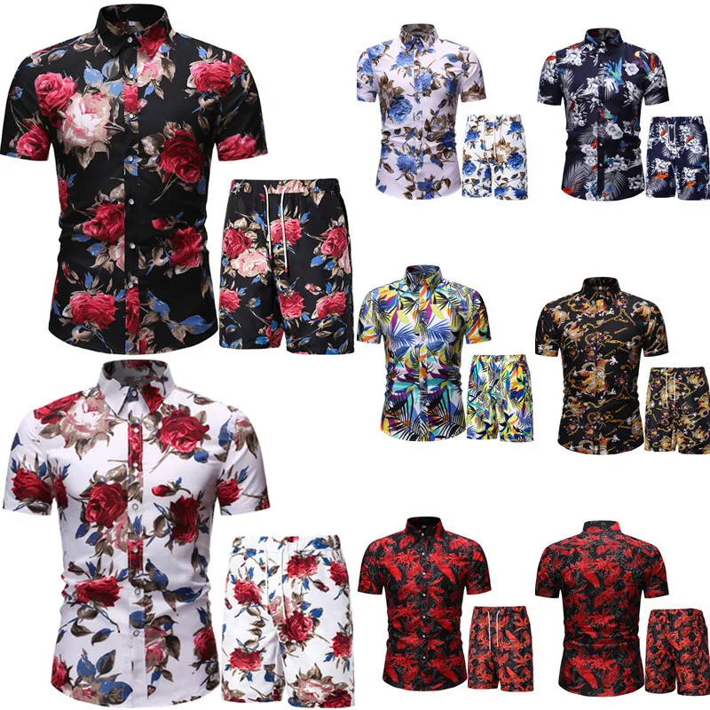 

Mens Punk Rock Party Suit Mens Club Beach Track Suits Boardshorts + Casual Print Shirts 2 Pcs Sets Hawaiian Vacation Suit Shirt