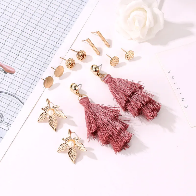 Комплект женских серег с кисточками и листьями 6 предметов|Серьги-подвески| |