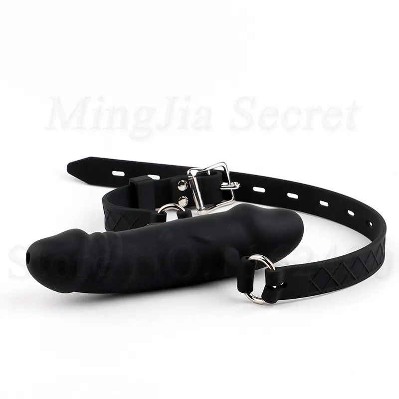 Силиконовый двухсторонний фаллоимитатор с открытым ртом и ремешком на пенис