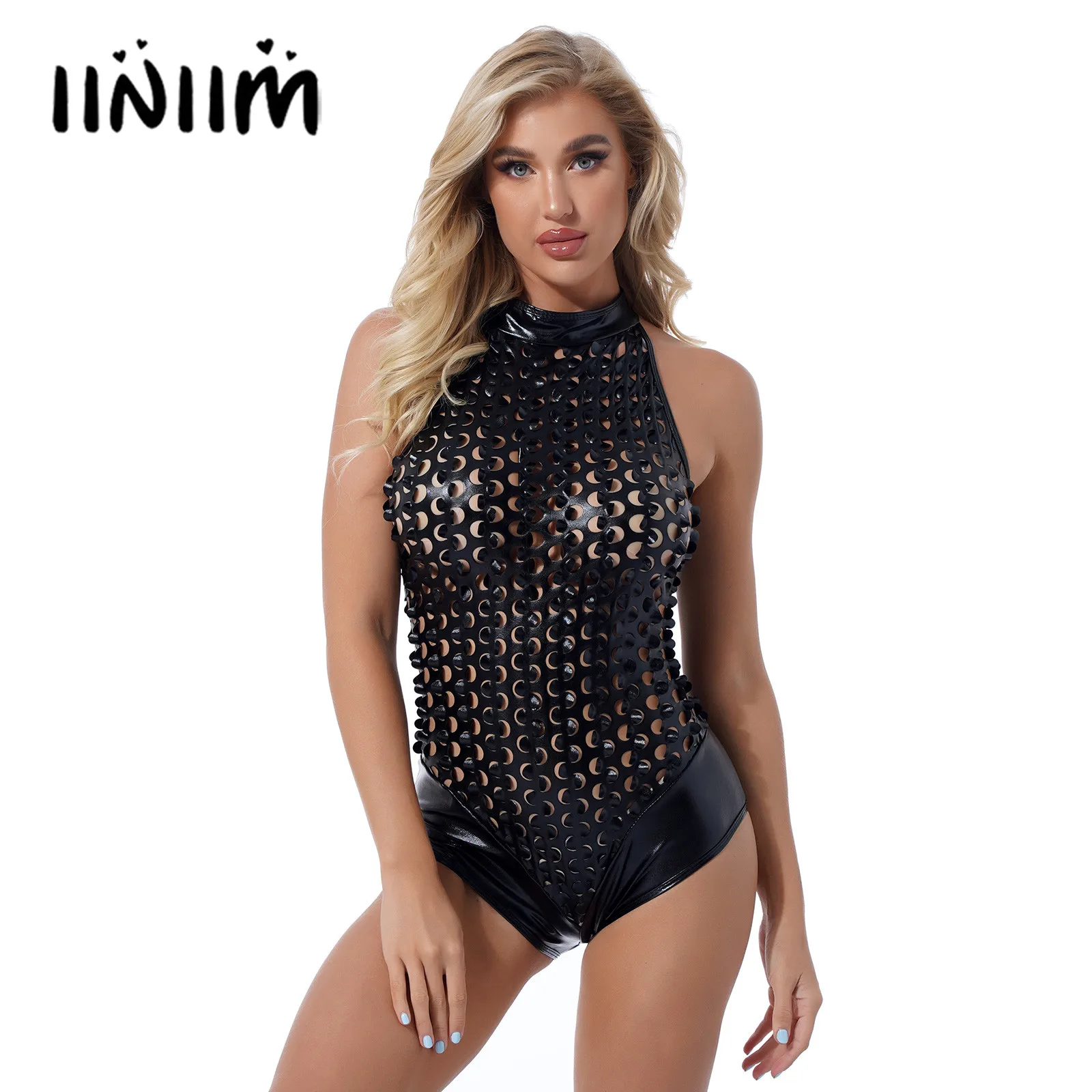 

Womens Shiny Hollow Out Patent Leather Rave Bodysuit Zipper Back Sleeveless Catsuit Mock Neck Leotard Clubwear for Pole Dancing