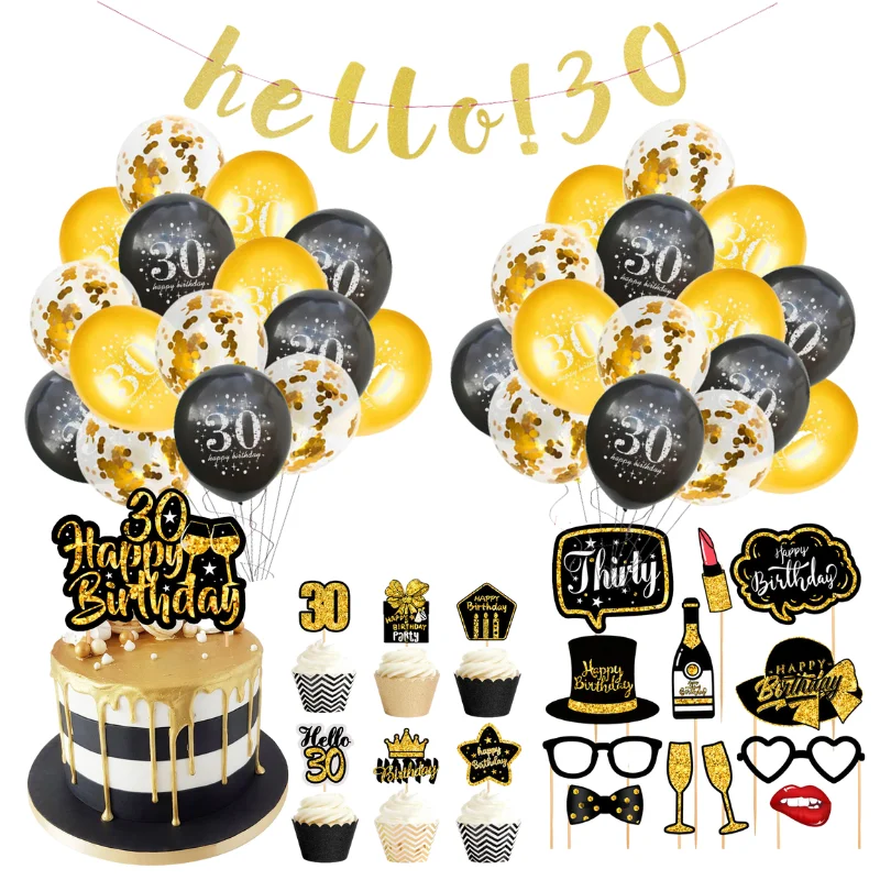 

30 40 50 60 Years Birthday Foil Balloons 30th Black Gold Birthday Party Decorations Banner cake Topper Birthday Party Supplies