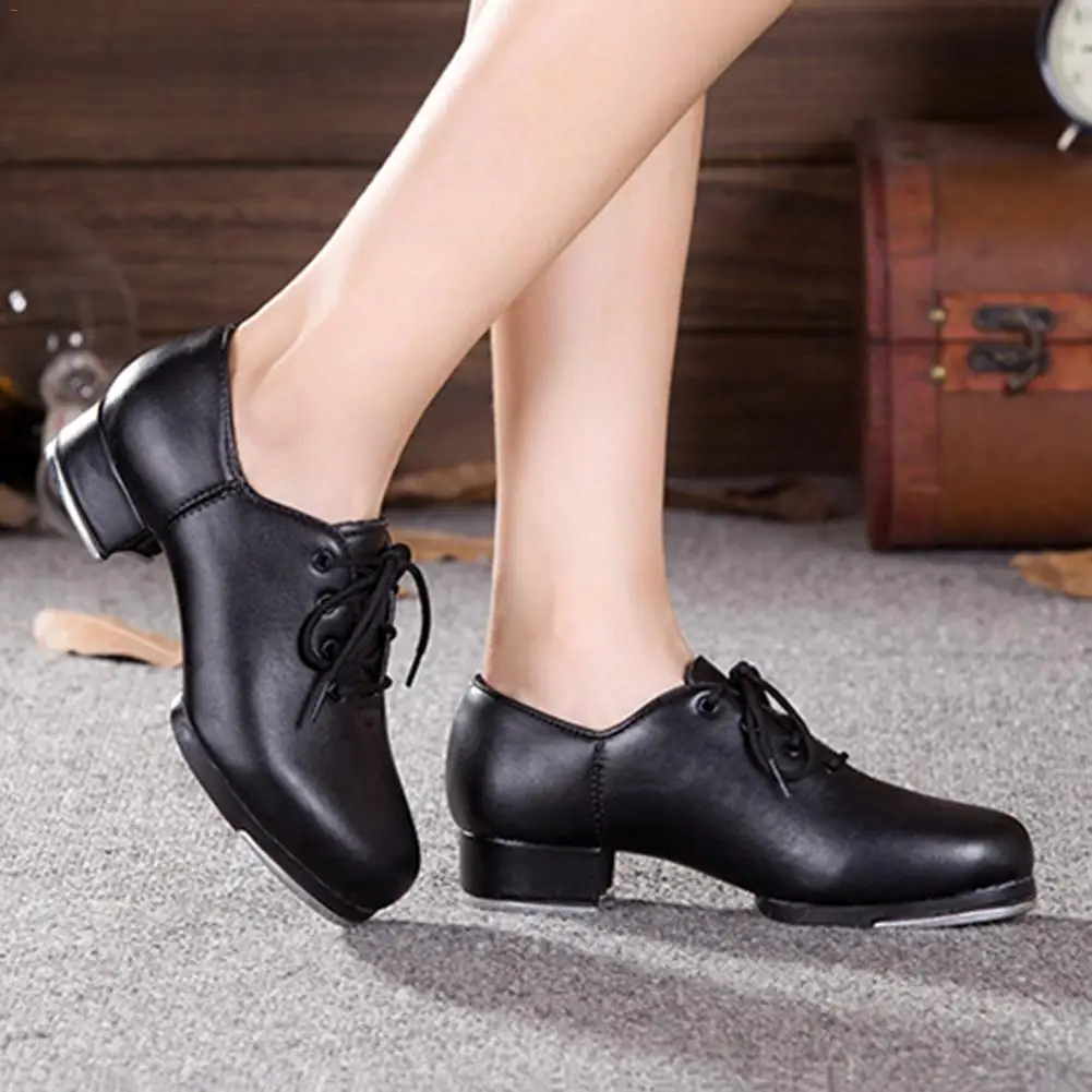 Women's Split Sole Jazz Tap Dance Shoes Leather Material Tap Shoes Adult/Unisex Lace Up Tap Dancing Shoes for Women Ladies Girls