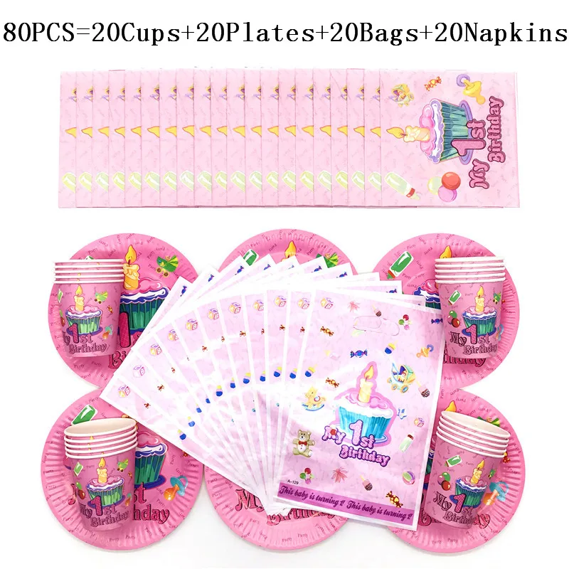 

80/50Pcs My First Birthday Disposable Tableware Sets Cups Plates Napkin Gift Bag Baby Shower Kids Birthday Decorations Supplies