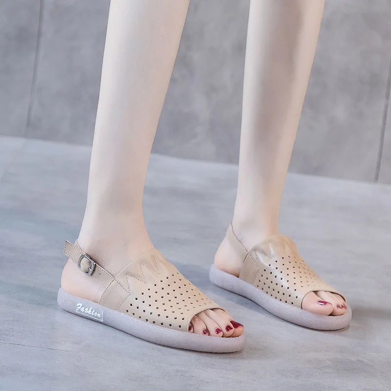 

DRKANOL Women Sandals 2021 Summer Open Toe Genuine Leather Soft Bottom Outside Flat Sandals Ladies Buckle Strap Slingback Shoes