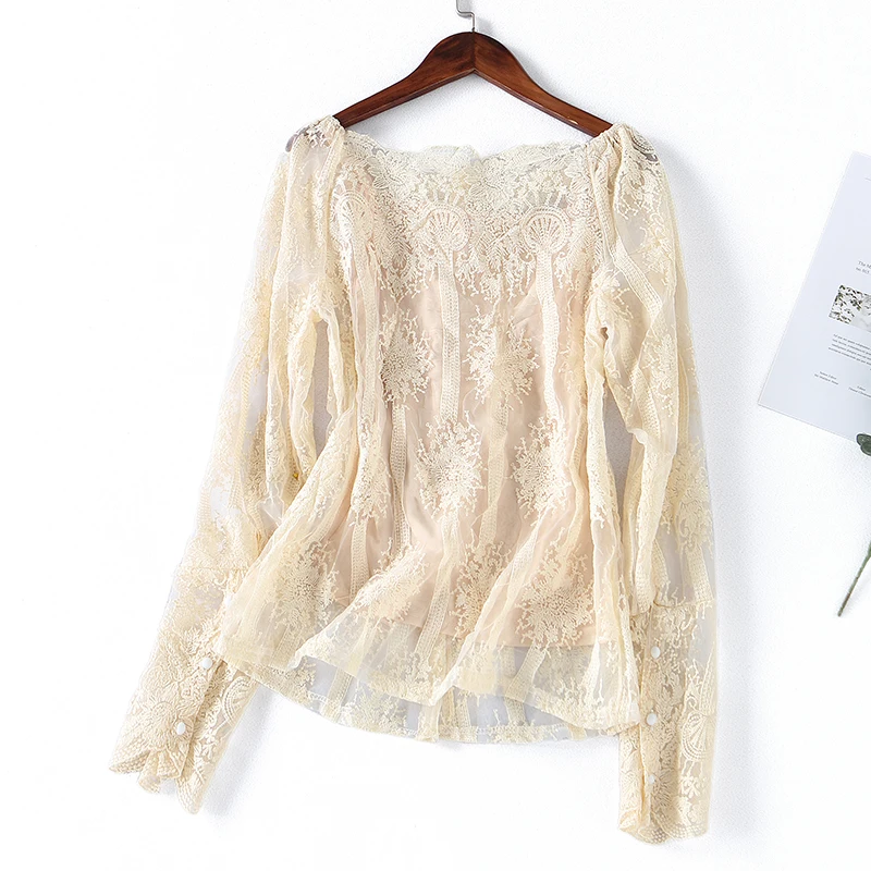 Женский кружевной топ с открытыми плечами Повседневная Блузка длинным рукавом