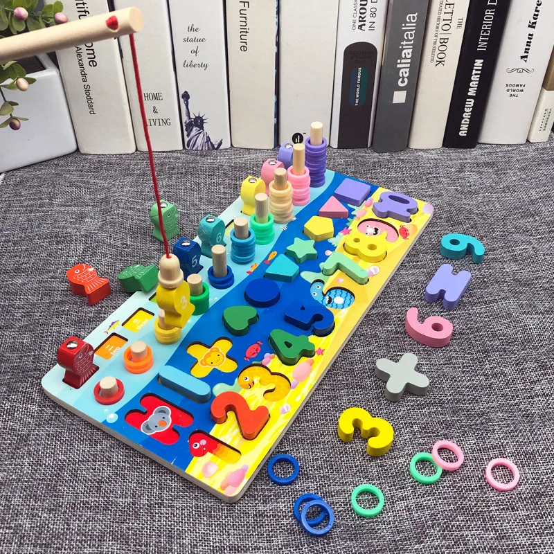 

Montessori Educational Wooden Toy For Kids Board Math Fishing Count Numbers Matching Digital Shape Match Early Education Toys