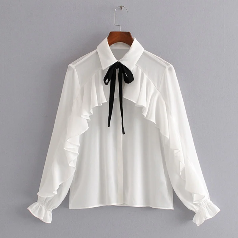 Стильные блузки с оборками и галстуком бабочкой женские модные топы отложным