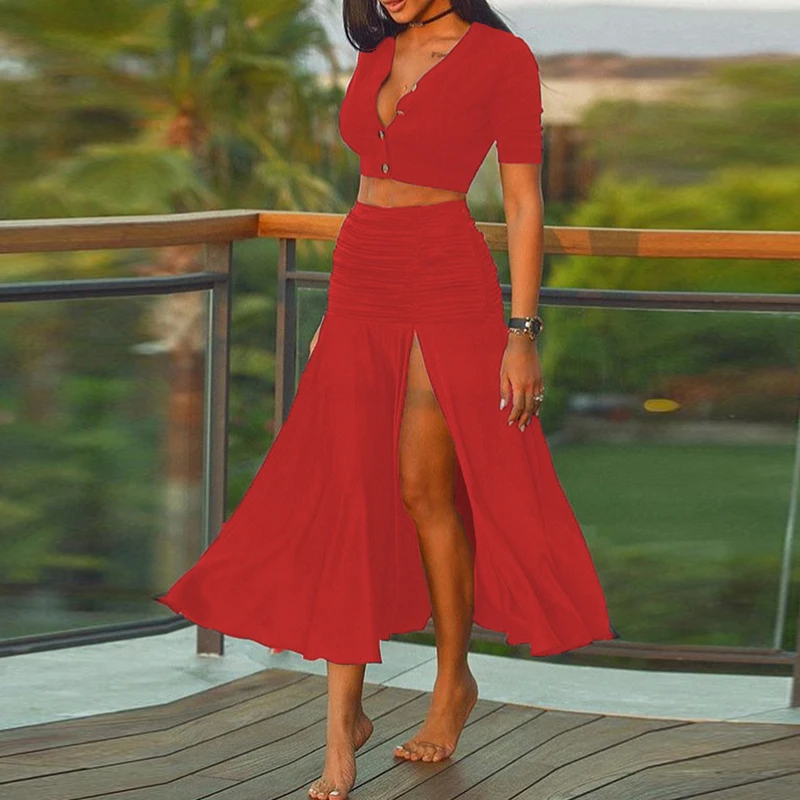 

Sexy V Neck Button Slim Tops + Elegant Draped Floral Print Split Skirt Summer Fashion Short Sleeve Long Skirts Women 2 Piece Set