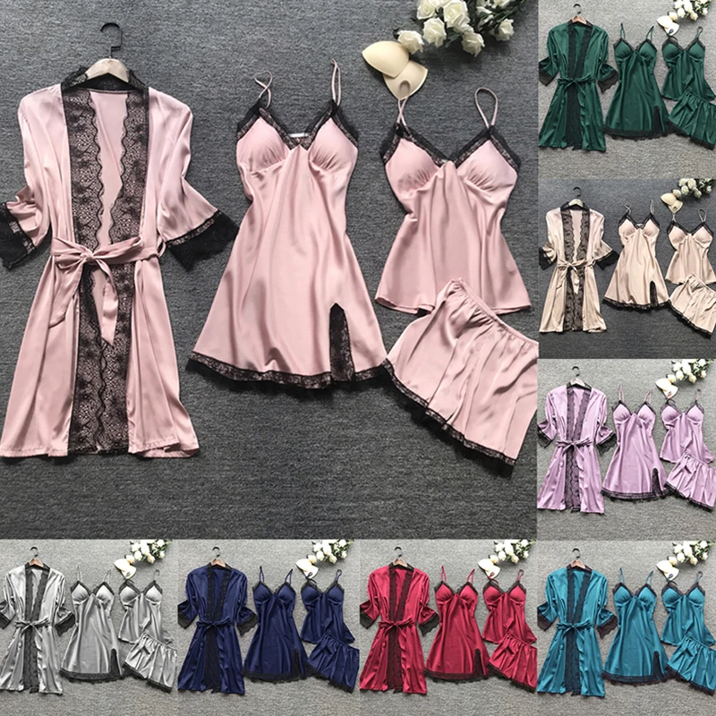 

Women's Nightie Sets Lace Soft Pajamas Plus Size Four-piece Halter Comfortable Pajamas Solid Color Summer Women Home Wear