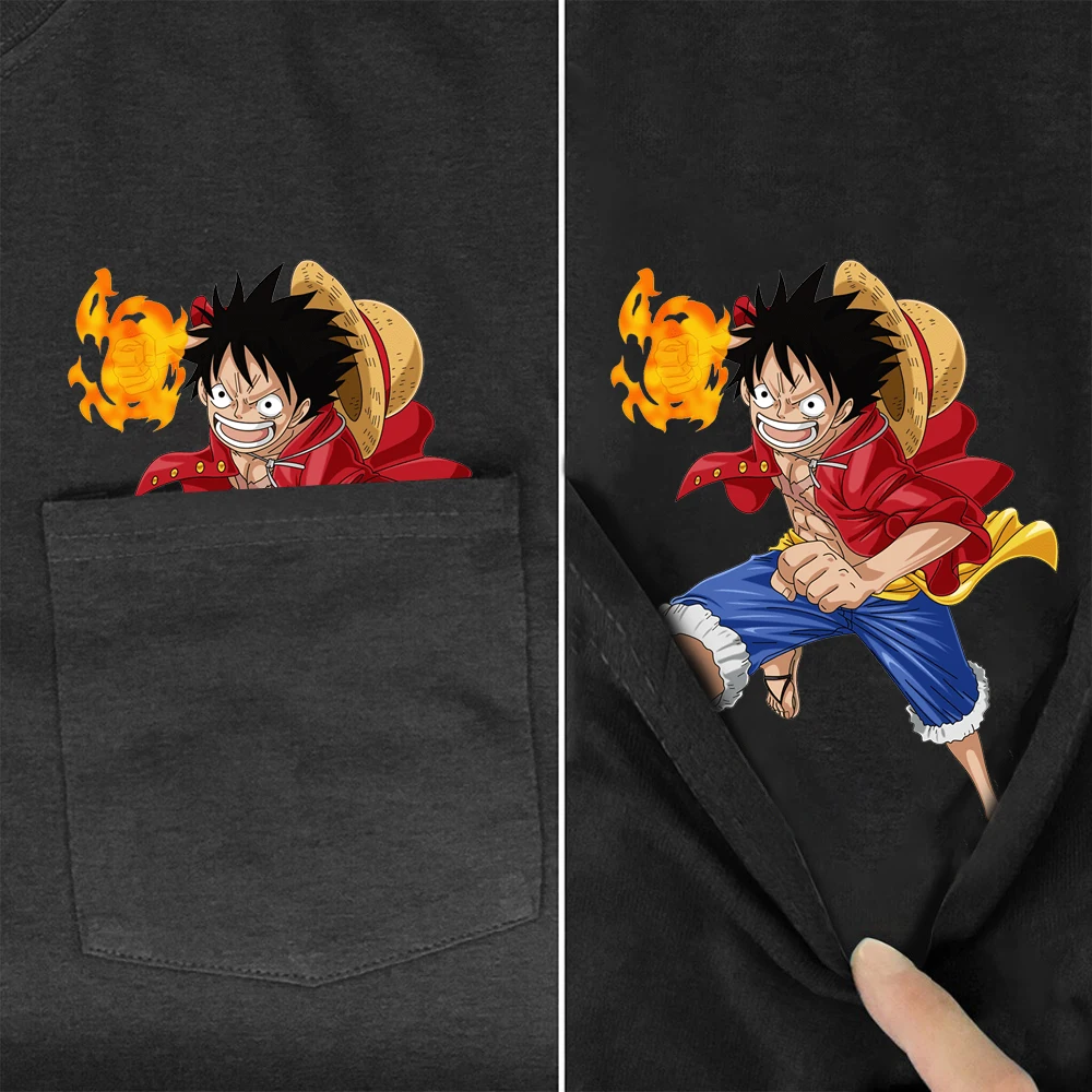 

CLOOCL Anime One Piece Cotton T-Shirt Pocket Luffy Printed TShirt Harajuku Style Casual Tee Hip Hop Tops Black Cotton T-Shirt