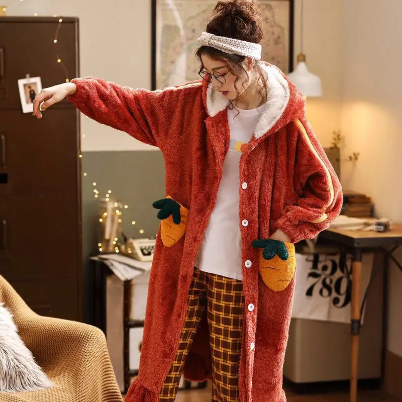 

Winter Nightdress Flannel Women Hooded Nightgown Long Sleeve Thick Warm Coral Velvet Female Bathrobe Loose Fashion Sleepwear