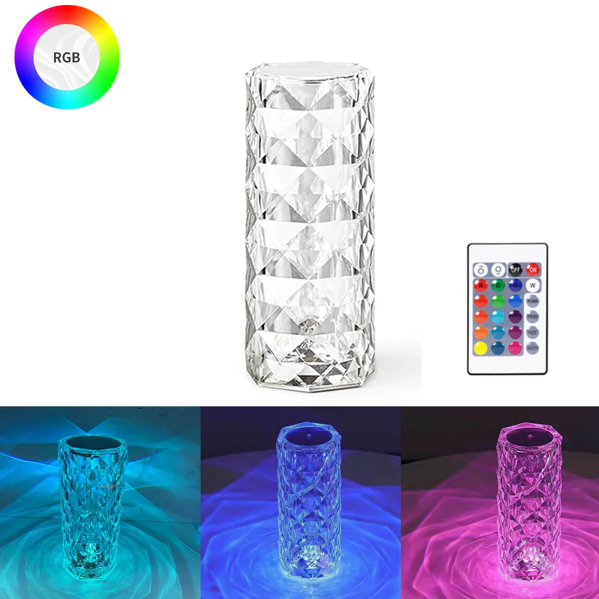 

LED Crystal Rose Desk Light Three-color/RGB Adjustable Romantic Diamond Atmosphere Light USB Bedroom Touch Night Light w Remote