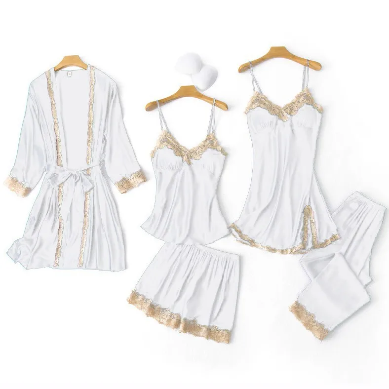 

Black Women Sleepwear Satin Lace Pajamas Set Nightgown Patchwork Pyjamas Suit Spring New Nightwear Home Clothing