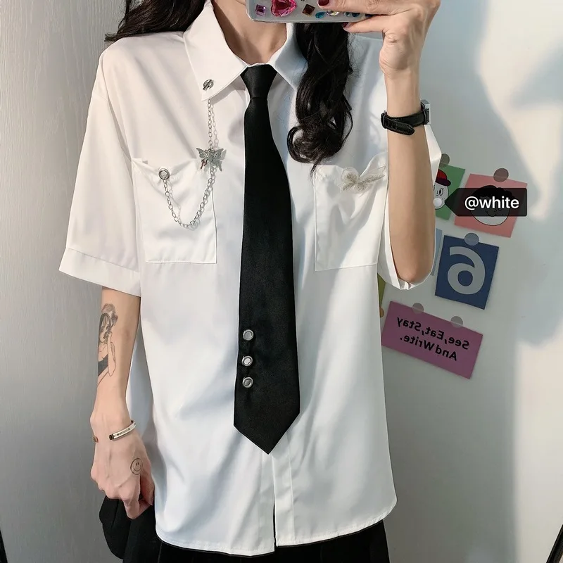 

Korean Clothes Tie Loose Preppy Style Summer Oversize Shirts Fashion Brand Women's Clothing White Blouses Ladies Tops Hipster