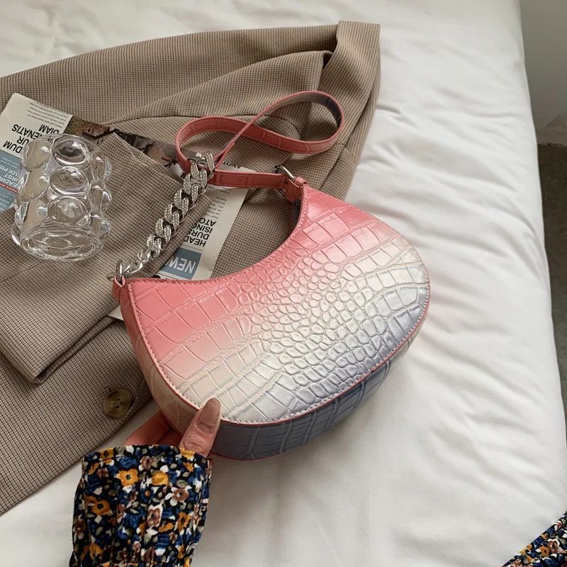 

New fashion stone single shoulder underarm bag net red women's chain crescent bag Luxury Design Women's slant cross handbag