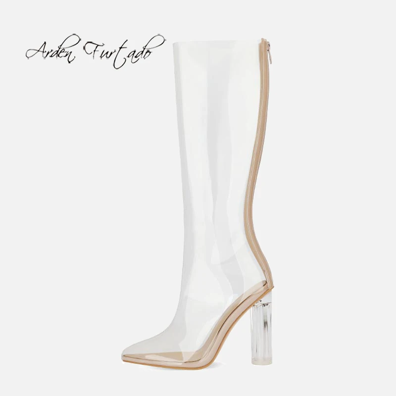 

Женские полусапоги с острым носком на толстом прозрачном каблуке из ПВХ