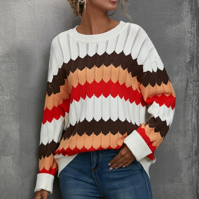 

Women Autumn Long Sleeve O-Neck Sweater Rainbow Color Block Wavy Striped Pullover Tops Casual Loose Jumper Knitwear Streetwear