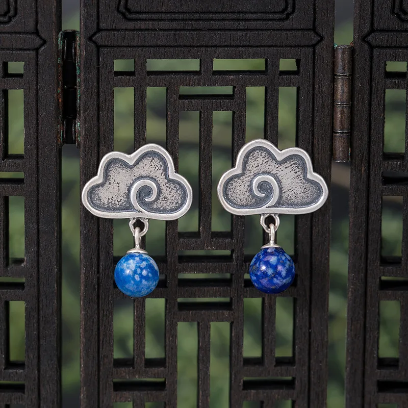 

Женские серебряные серьги из тайского серебра, яркие серьги с лазуритом и облаком в китайском стиле