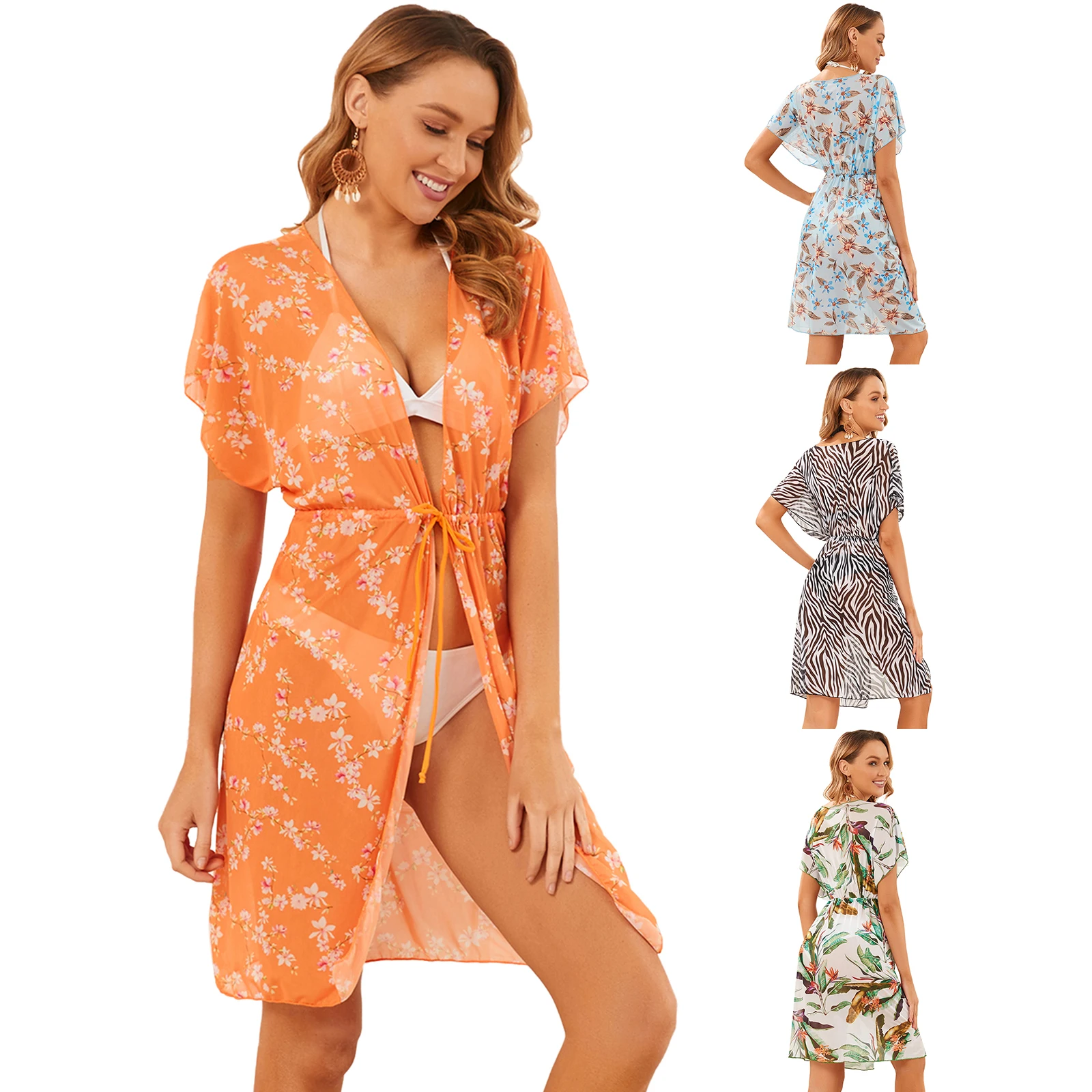 

Womenâ€™s Summer Bikini Cover-Up Fashion Printing Perspective Bandage Short Sleeve Swimsuit Smocks