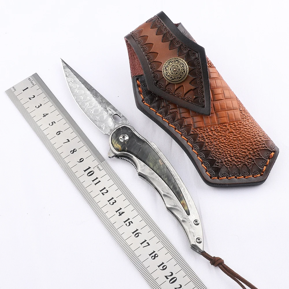 Folding knife Damascus steel, ball bearing, stable wood, camping edc pocket tool, hunting knife, kitchen knife for cooking