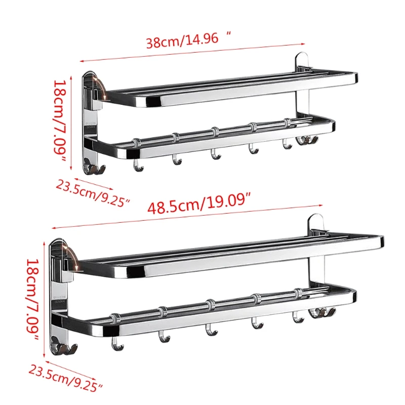 

E7CC Stainless Steel Wall Mounted Foldable Bath Towel Rack Rail Holder Punch-Free Bathroom Storage Shelf with 4 Sliding Hooks