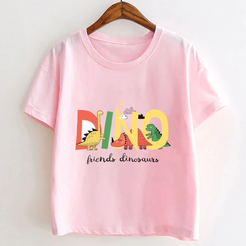 

New Cartoon Dinosaur Graphics Summer Boys & Girls T-Shirt Top Small Animals 4-14T Fashion Animation Kids Tops Short Sleeves