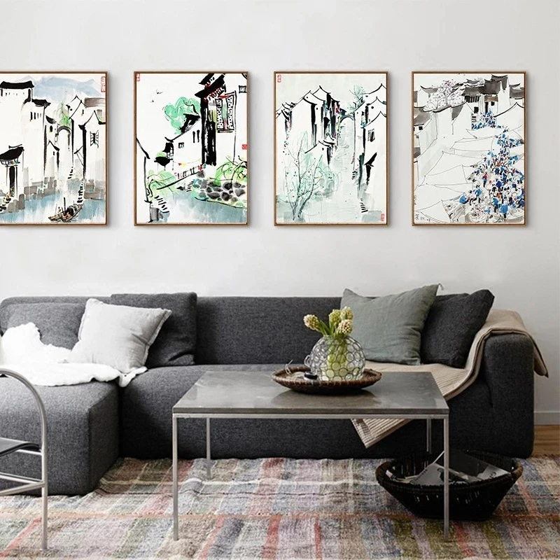 

Chinese Style Home Decoration Painting Jiangnan Landscape Town Scenery Ink Canvas Painting Wall Art Picture Living Room Decor
