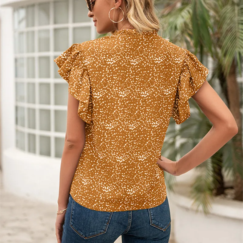 

Summer Solid Color Shirt European and American Temperament Round Neck Tie Polka Dot Printing Lotus Leaf Sleeves Short Sleeves