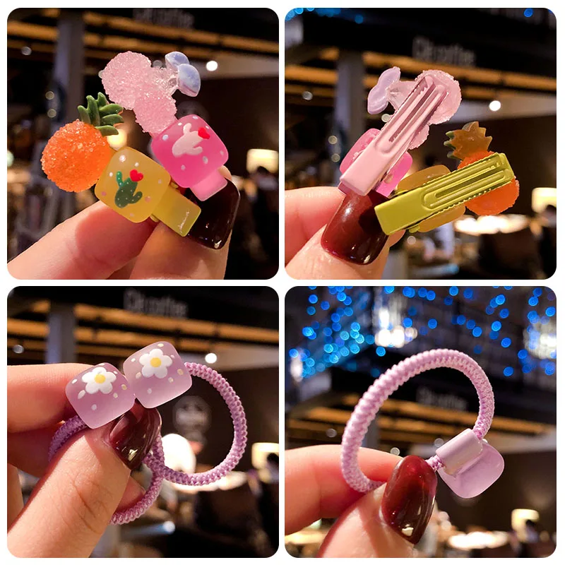 5/8 Pcs Children Cute Cartoon Flower Fruit Ornament Hair Clips Baby Girls Lovely Rubber Bands Hairpinds Kids Accessories |