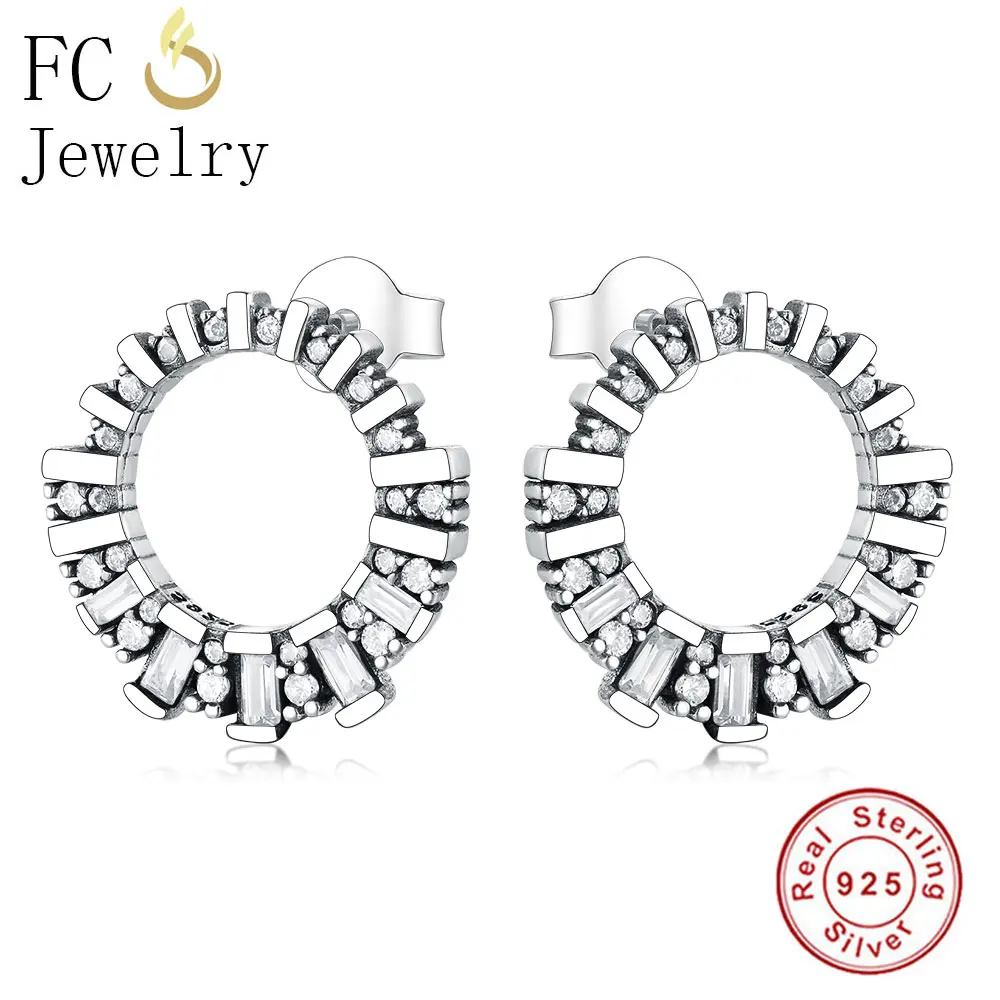 

FC Jewelry Real 925 Sterling Silver Small Round Square Zirconia Circle Stud Earrings For Women Girl Brinco Christmas Oorbellen