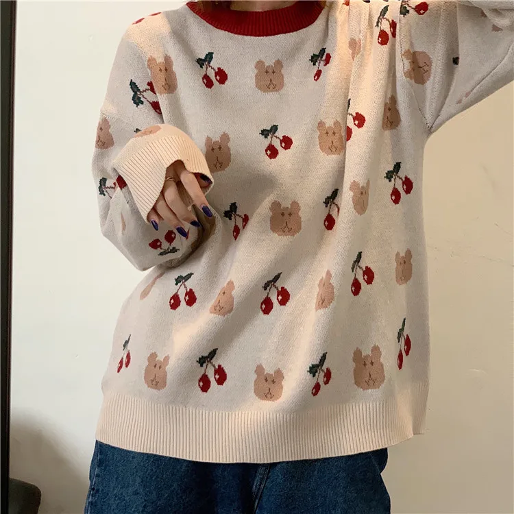 

Female Korean Harajuku Cute Clothing for Women Women's Sweaters Japanese Kawaii Ulzzang Vintage Loose Bear Cherry Sweater