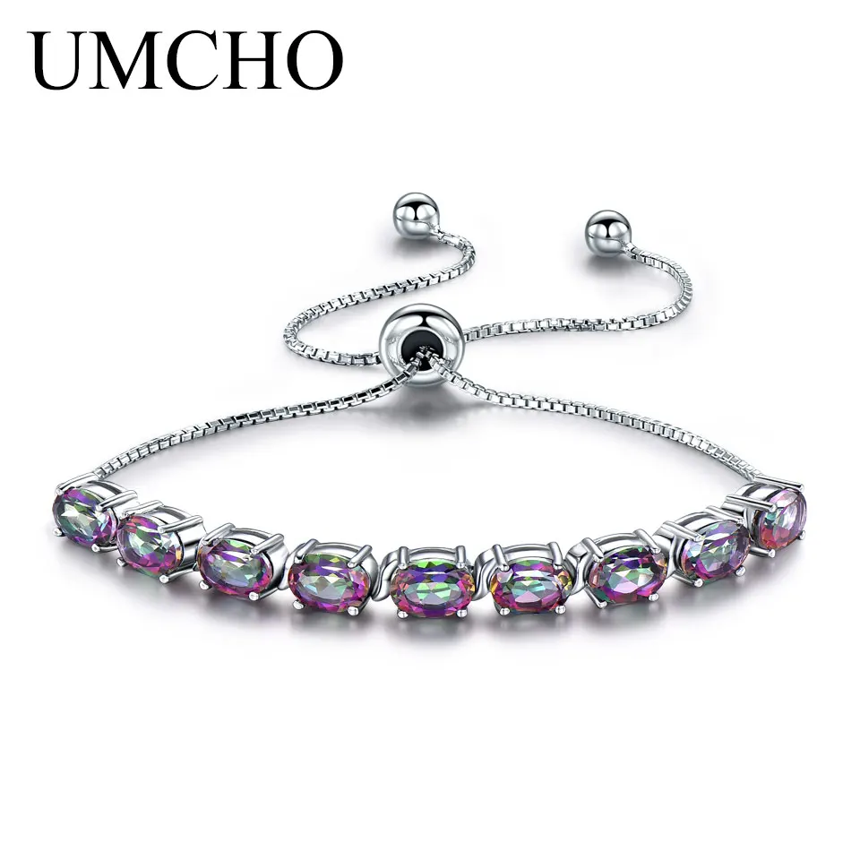 

UMCHO 9ct Mystic Topaz Pure 925 Sterling Silver Chain Bracelets For Women Fine Jewelry Adjustable Bracelet Mothers' Day Gift New