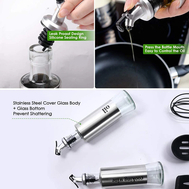 

Olive Oil Dispenser Bottle 3Pack, 11Oz Glass Stainless Steel Oil Vinegar Dispenser Pouring Spouts Soy Sauce Container