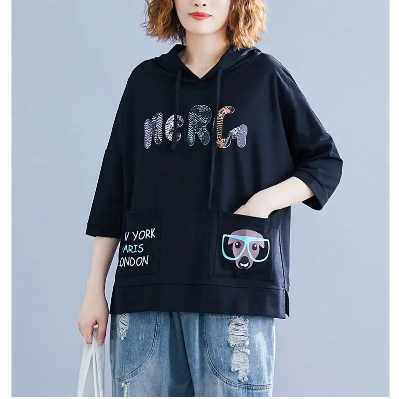 

2021 Summer New Loose Plus Size Thin Simple Solid Color Women Sports Hooded T-shirt Casual All-match Tops Tide Free Shipping