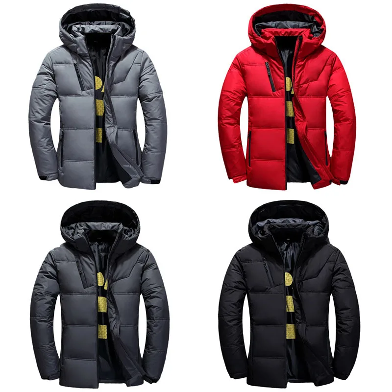 

Winter Heated Down Jacket Man Short Flimsy White Duck Down Filling Outdooe Men's Hat Youth Hiking Shower Detachable Hood