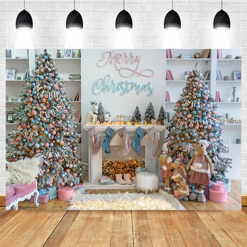 

Christmas Backdrop Photography Fireplace White Living Room Winter Merry Xmas Background Christmas Trees Candle Gifts Photo Shoot